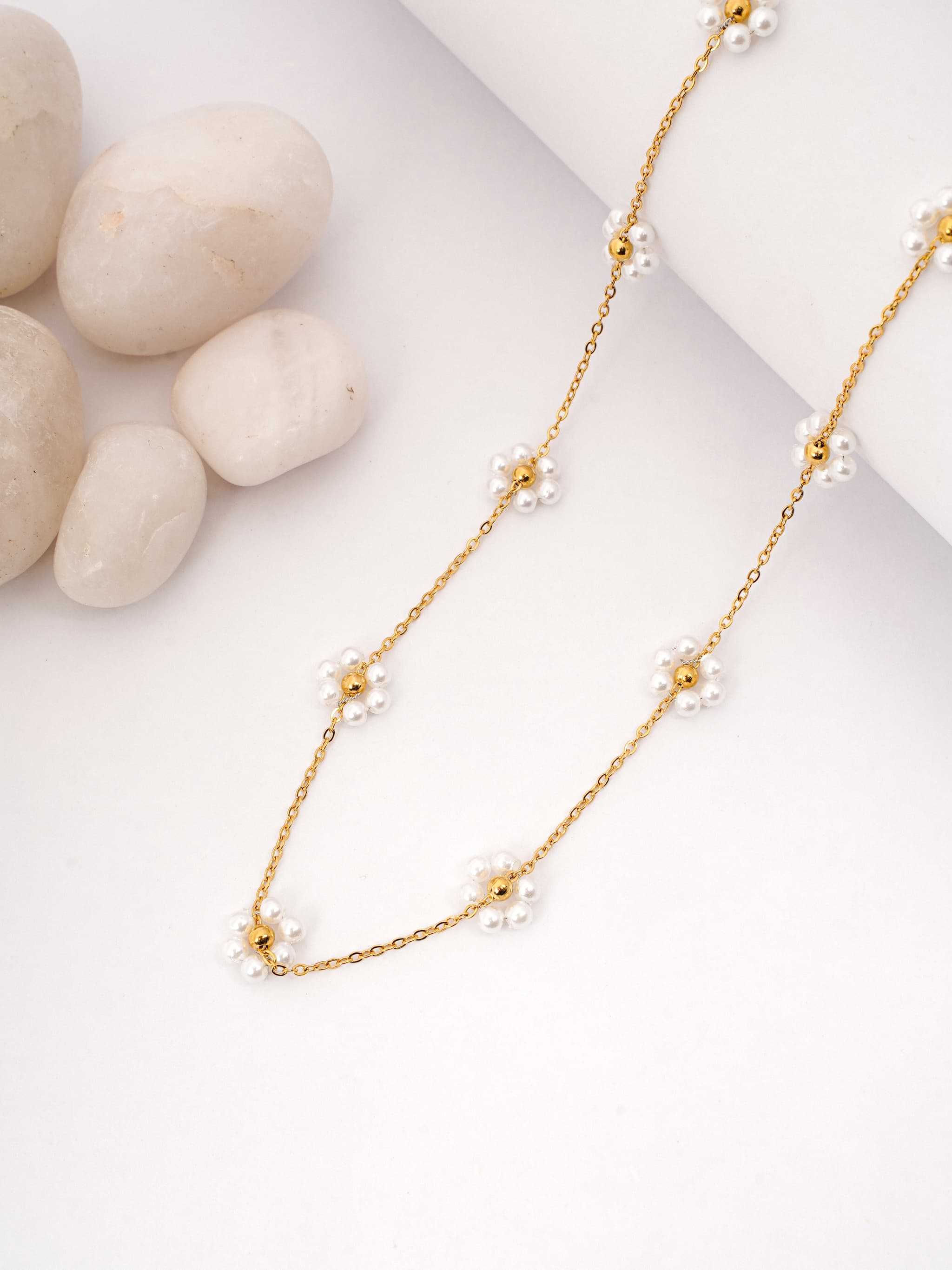 Pearl & Gold Floral Long Necklace-0