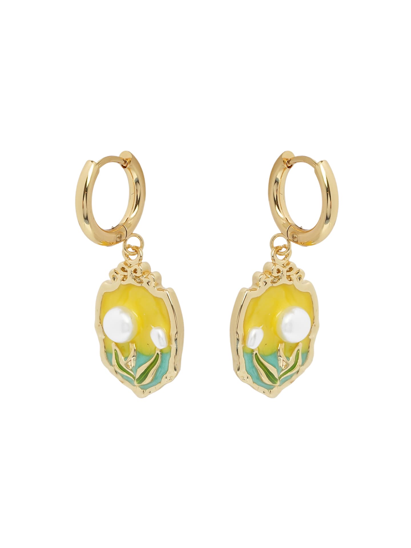 Enamel Floral Drop Hoop Earrings-1