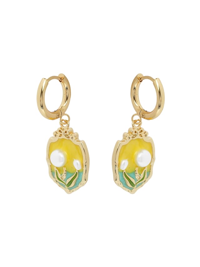 Enamel Floral Drop Hoop Earrings-thumb-1
