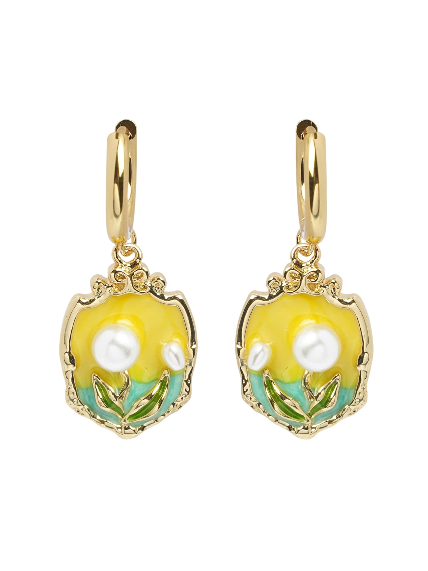 Enamel Floral Drop Hoop Earrings-2
