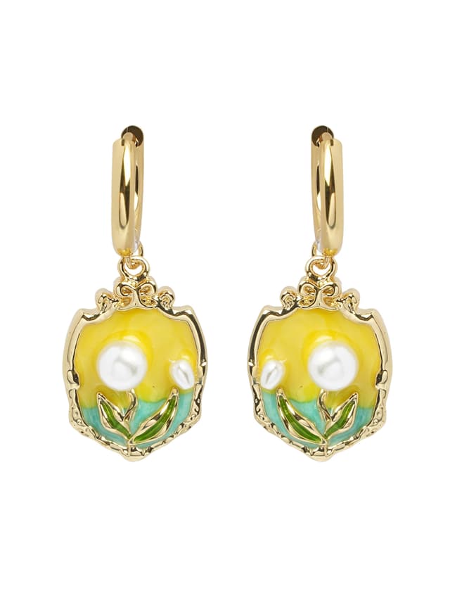 Enamel Floral Drop Hoop Earrings-thumb-2