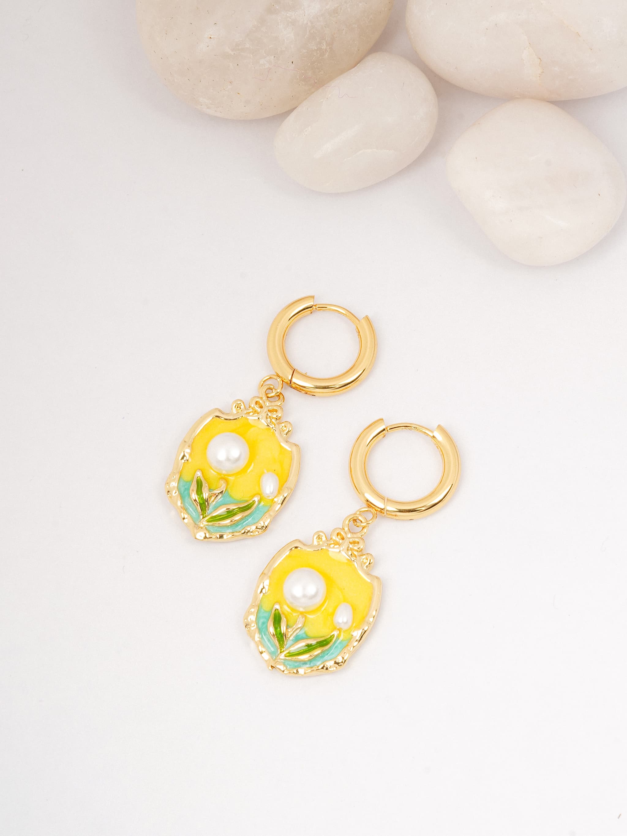 Enamel Floral Drop Hoop Earrings-0
