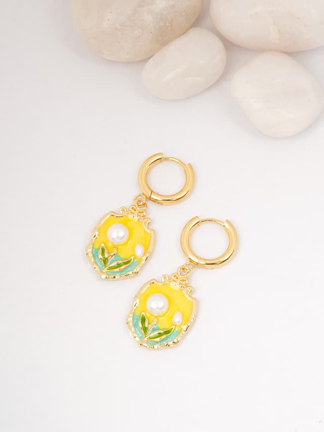 Enamel Floral Drop Hoop Earrings-thumb-0