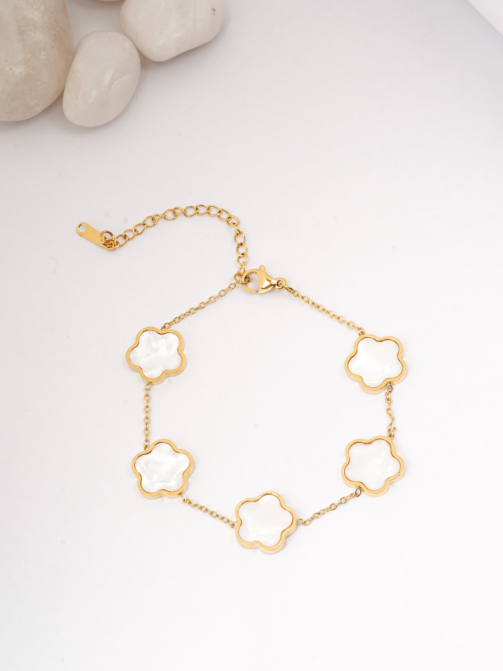 Dainty Gold & White Clover Bracelet-0