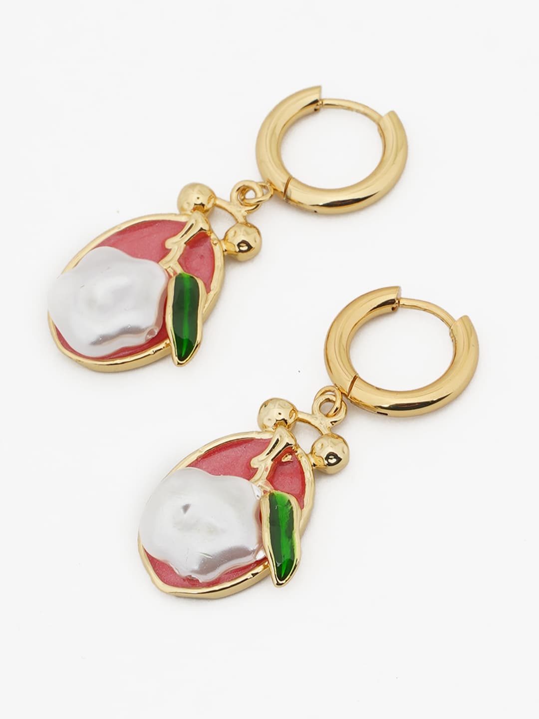 Gold-Tone Enamel Fruit Motif Huggie Drop Earrings-1