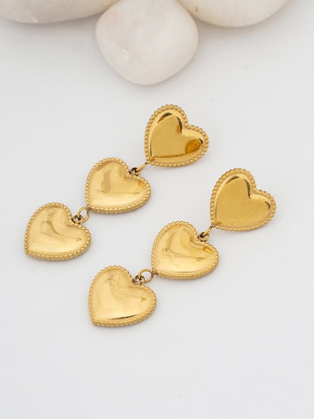 Triple Tiered Gold Heart Drop Earrings-thumb-0