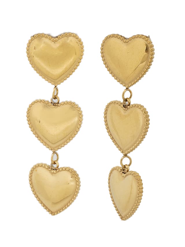 Triple Tiered Gold Heart Drop Earrings-thumb-1
