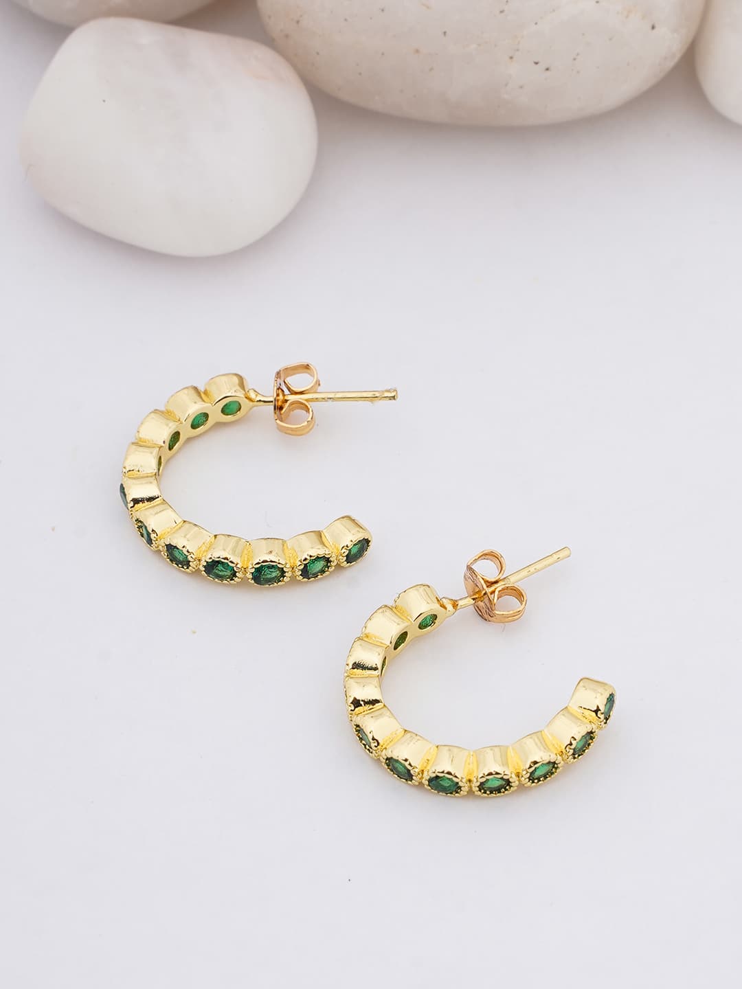 Emerald-Tone Beaded Huggie Hoops-0