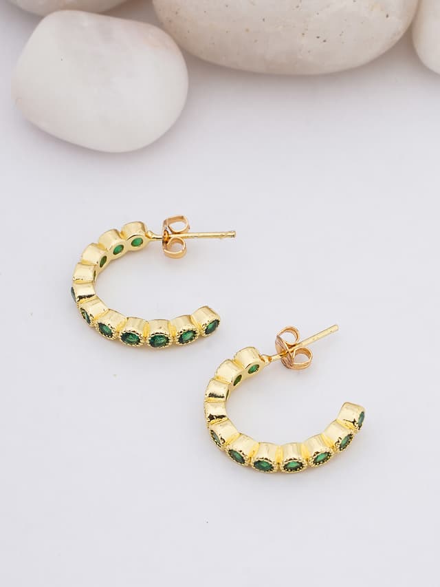 Emerald-Tone Beaded Huggie Hoops-thumb-0