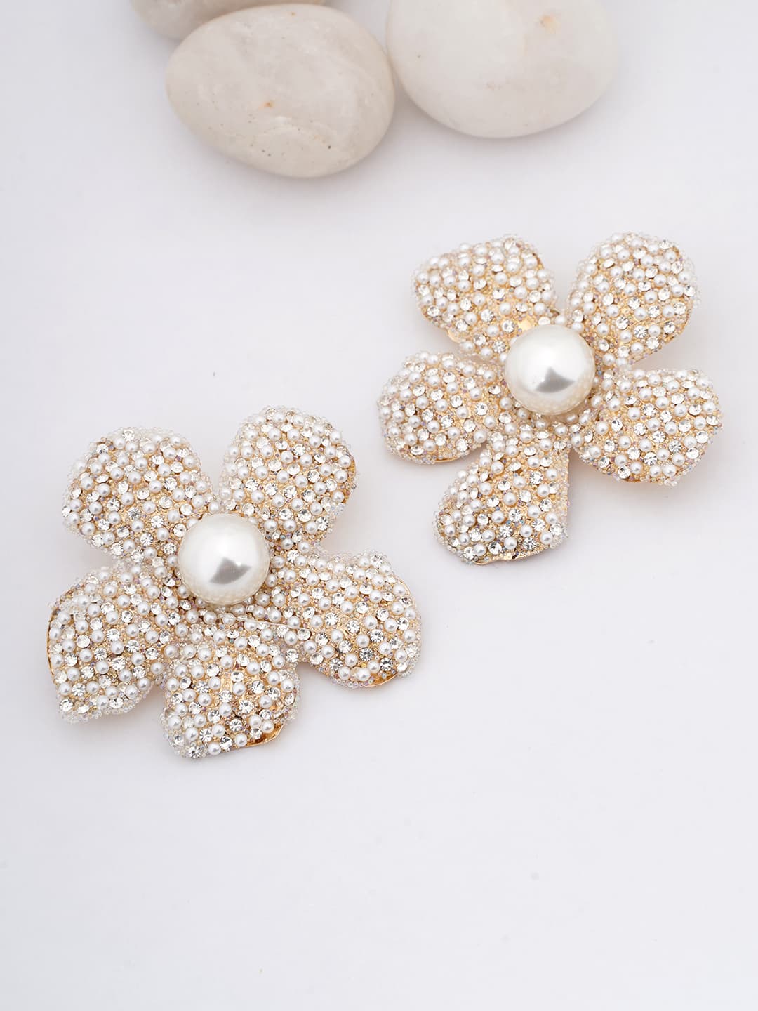 Crystal & Pearl Encrusted Floral Studs-0