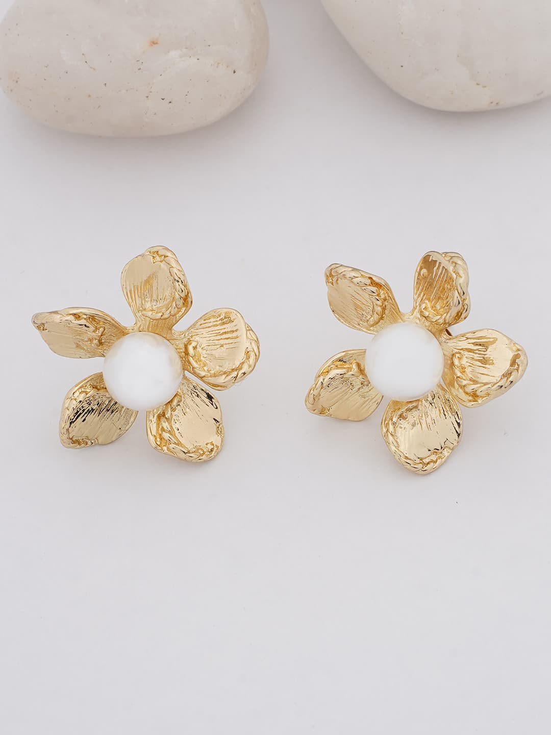 Gold-Tone Floral Pearl Stud Earrings-0