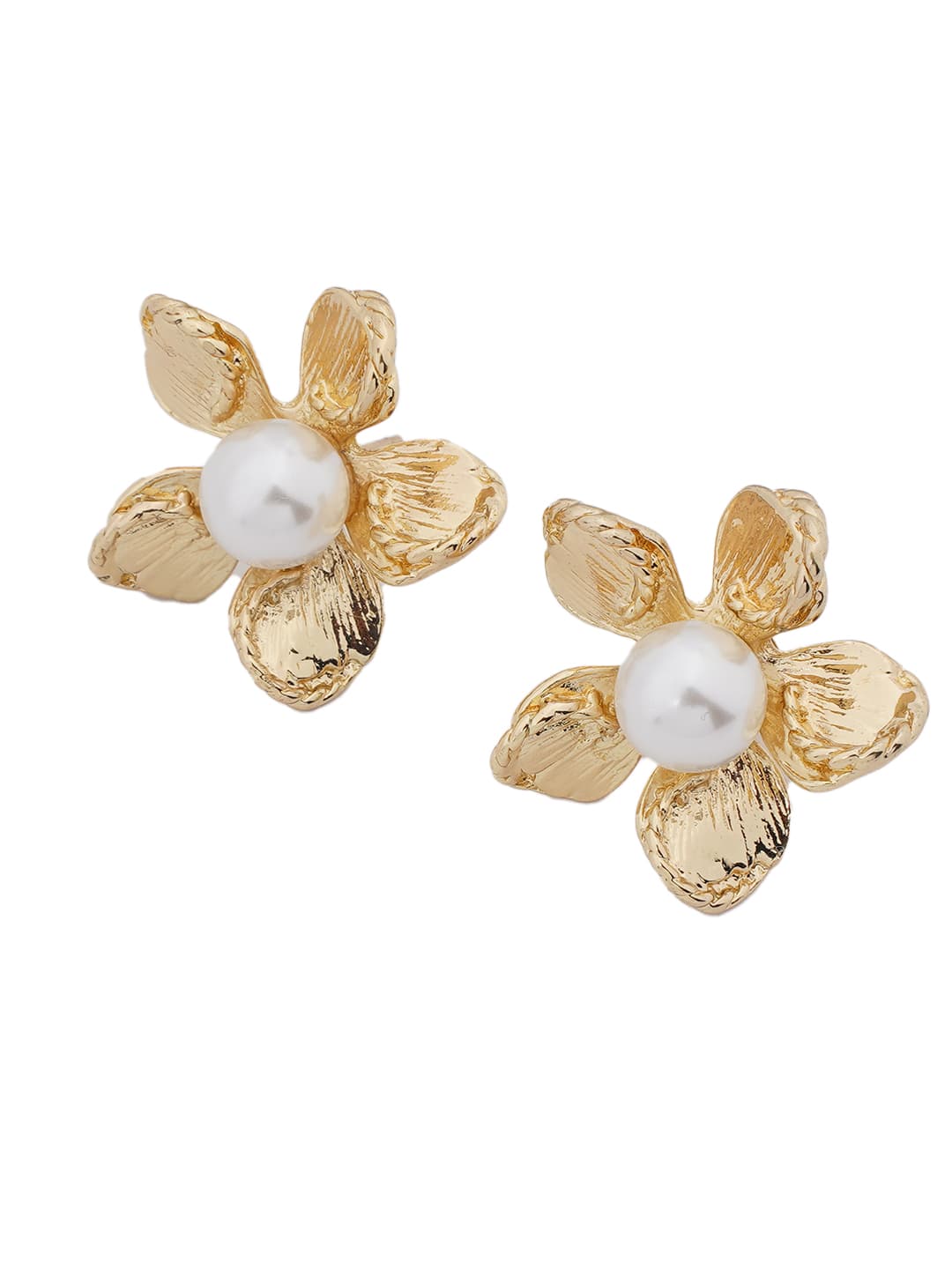 Gold-Tone Floral Pearl Stud Earrings-2