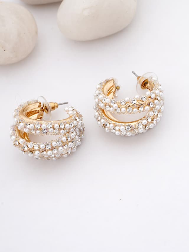 Gold-Tone Pearl & Crystal Embellished Statement Earrings-thumb-0