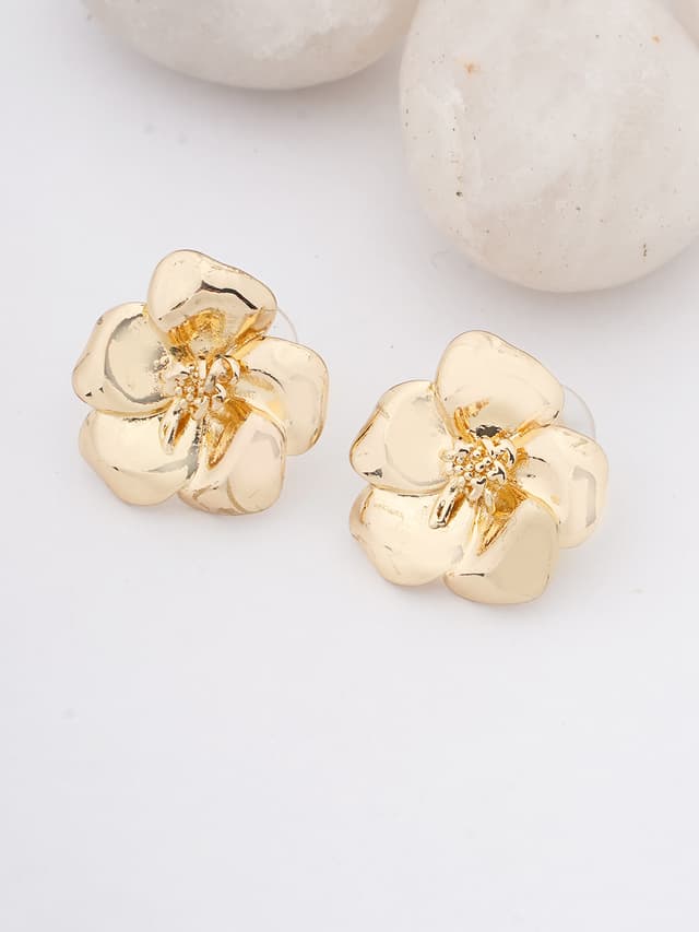 Gold-Tone Sculpted Floral Stud Earrings-thumb-0