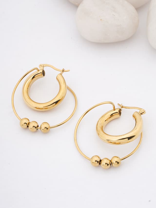 Double Hoop Beaded Gold Earrings-thumb-0