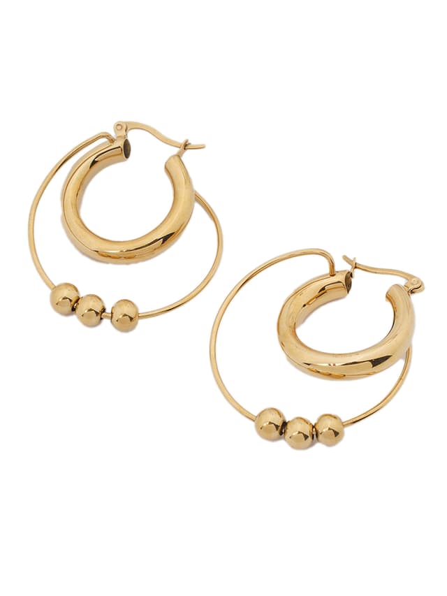 Double Hoop Beaded Gold Earrings-thumb-2