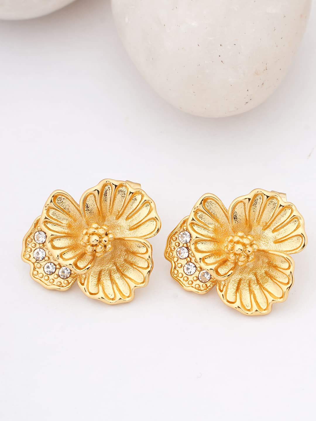Textured Gold Floral Stud Earrings-0