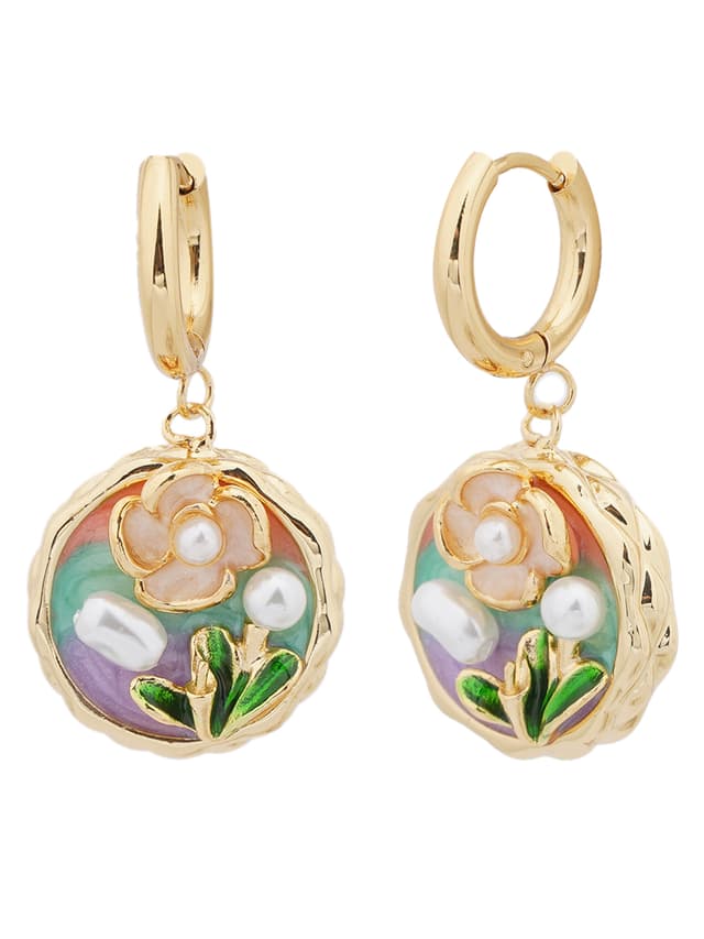 Enamel Garden Pearl Drop Earrings-thumb-1