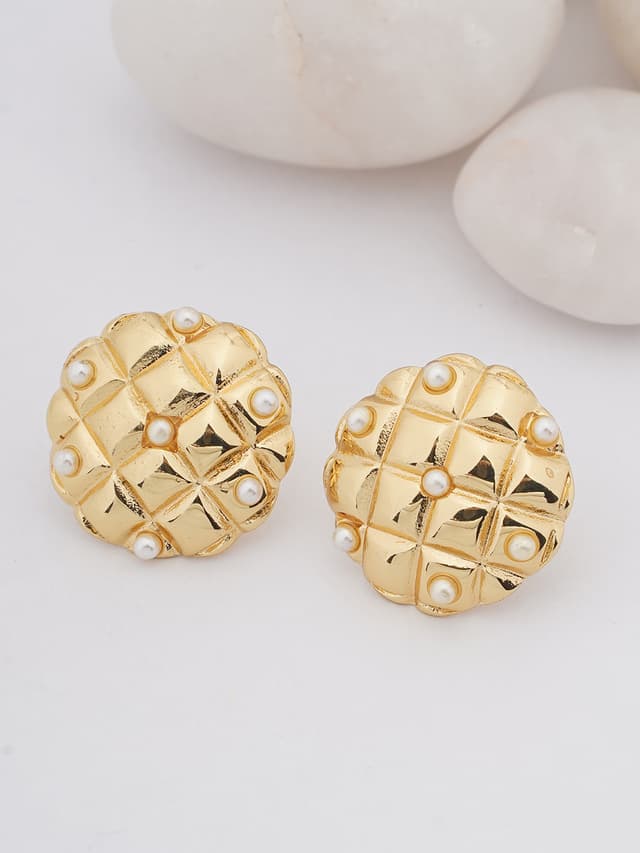 Quilted Gold Pearl Stud Earrings-thumb-0