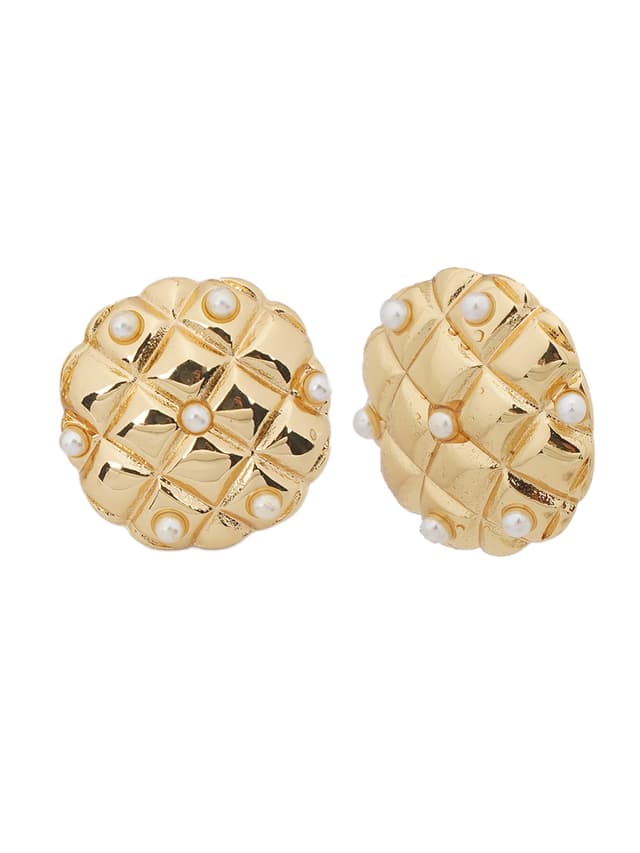 Quilted Gold Pearl Stud Earrings-thumb-1