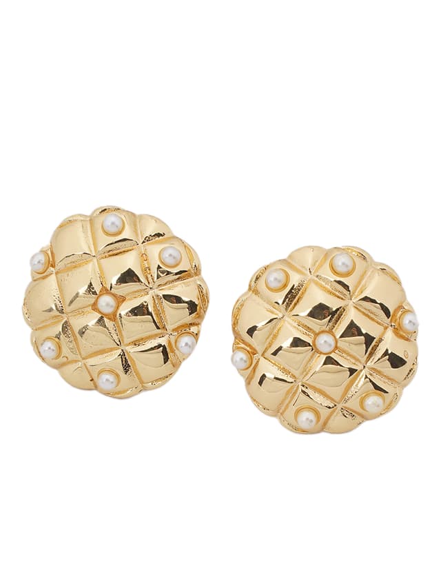 Quilted Gold Pearl Stud Earrings-thumb-2