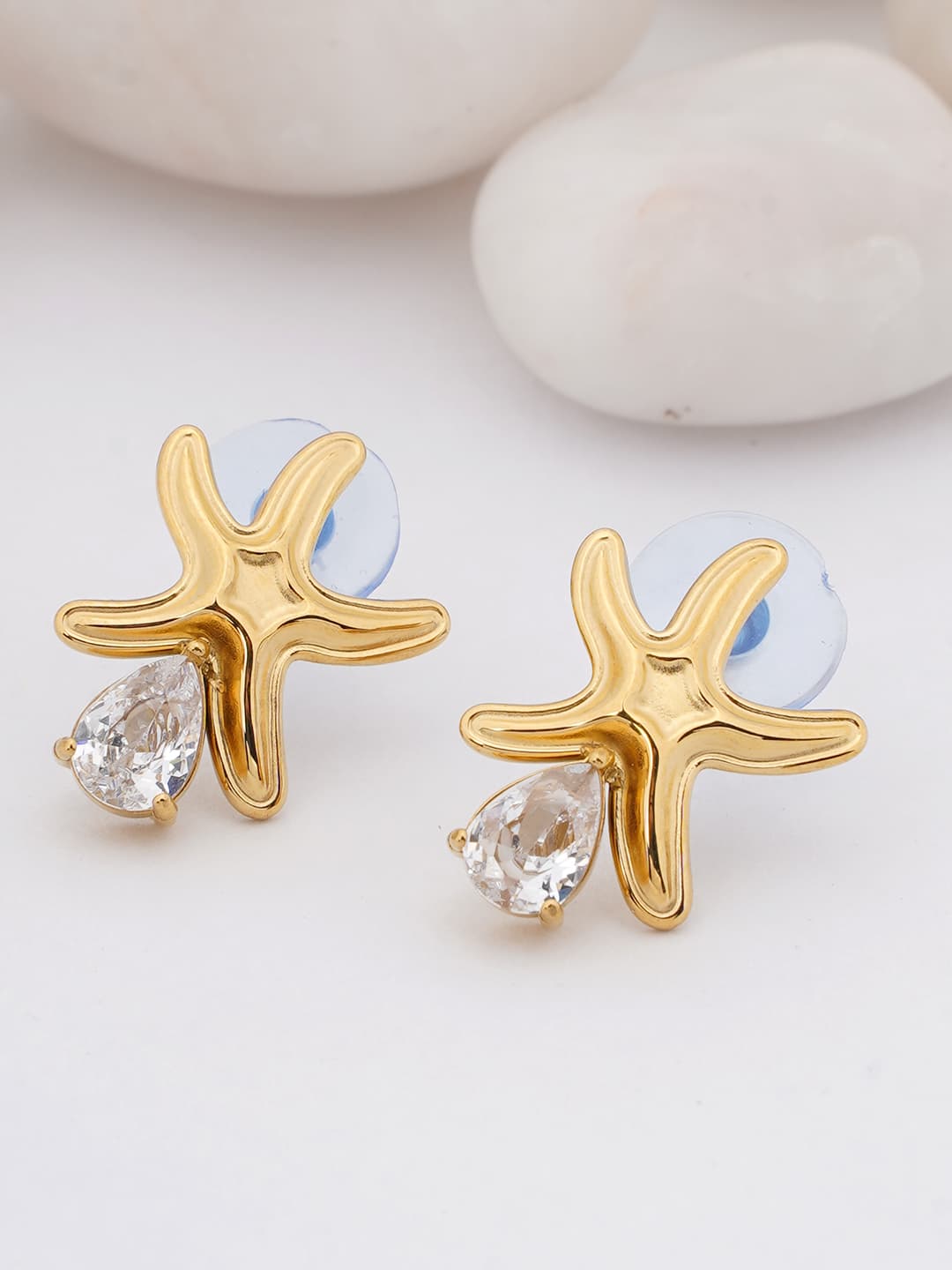 Starfish Gold Stud Earrings with Crystal Drop-0