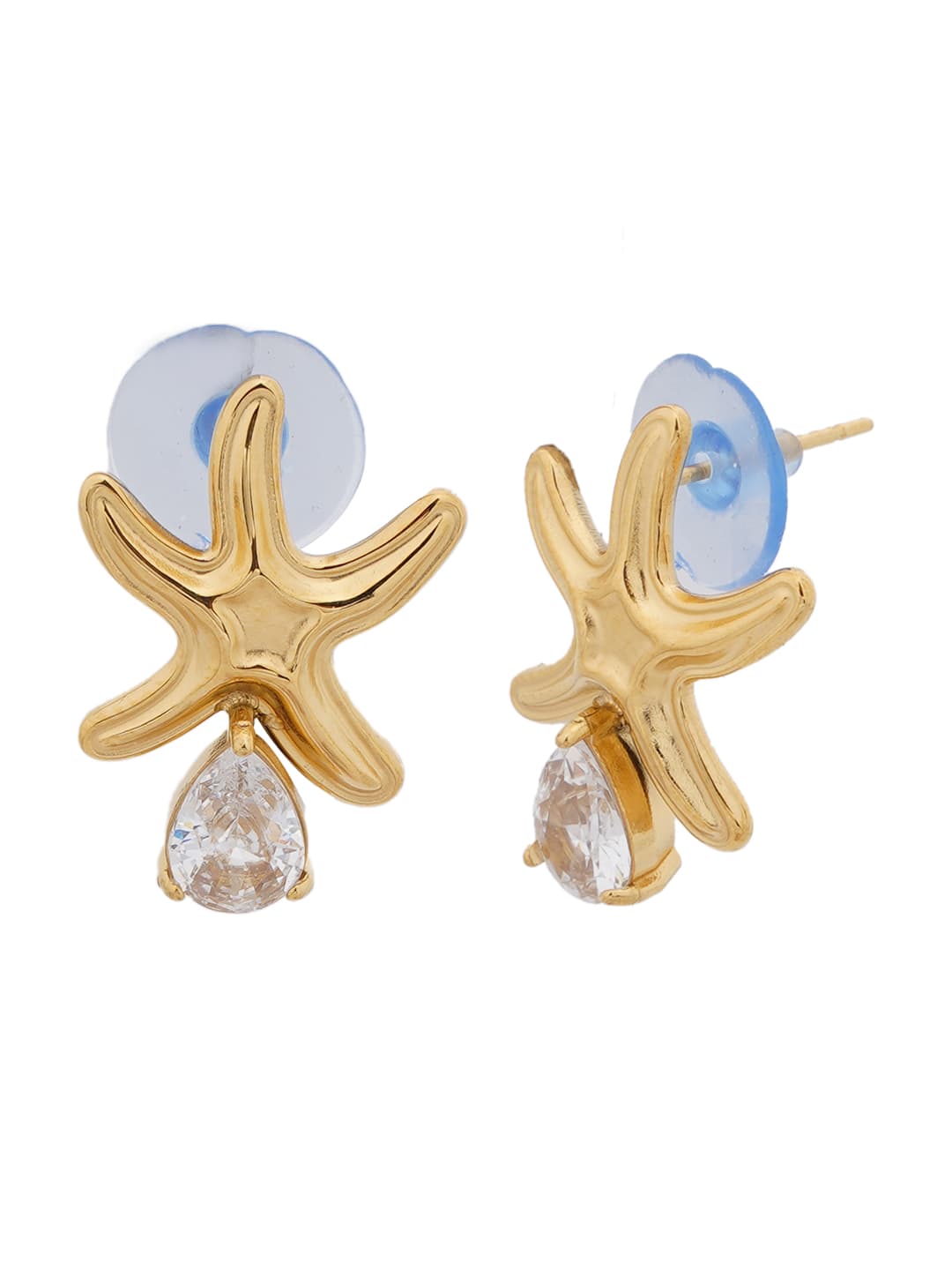 Starfish Gold Stud Earrings with Crystal Drop-2