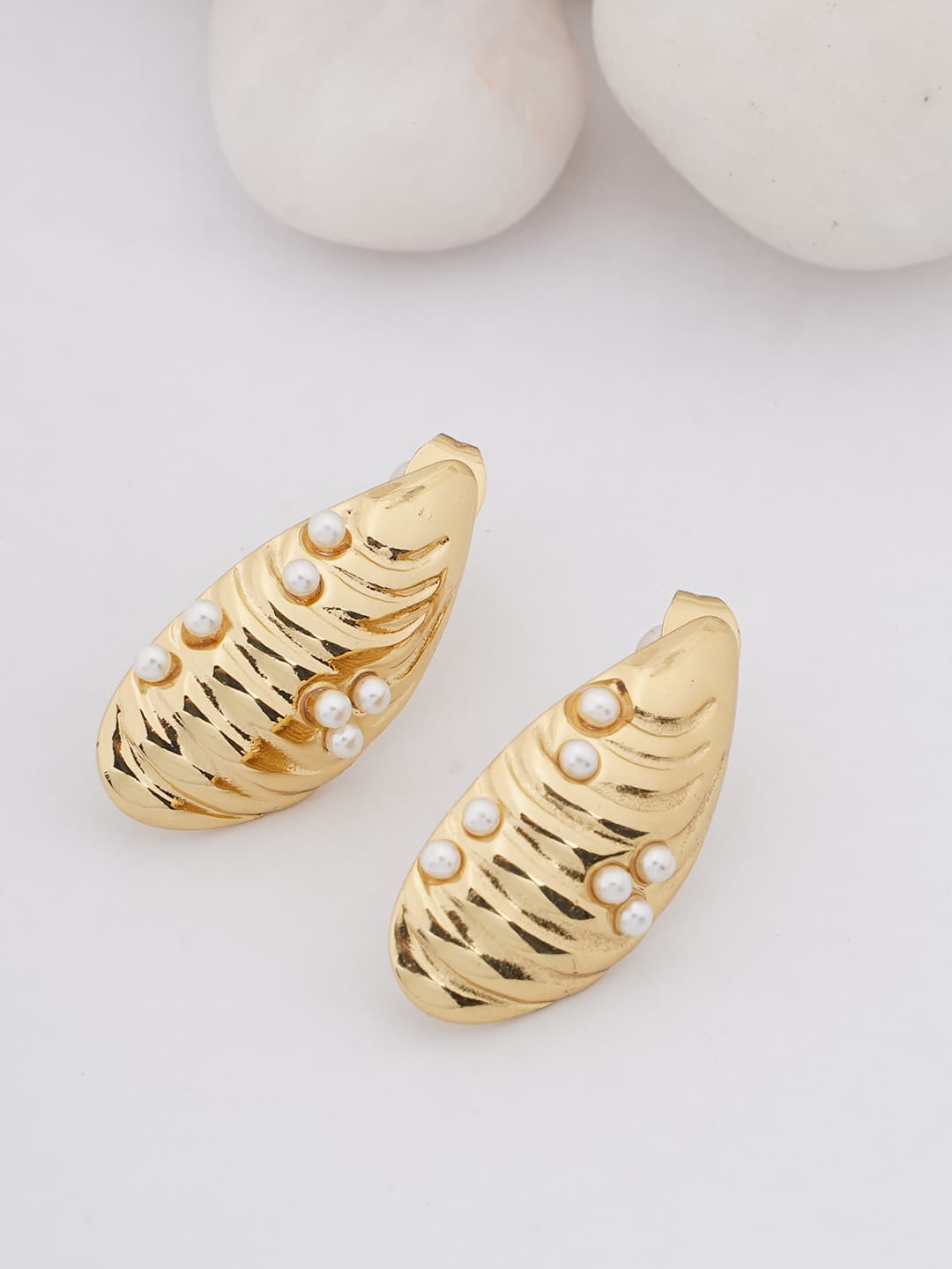 Gold Pearl Leaf Stud Earrings-0