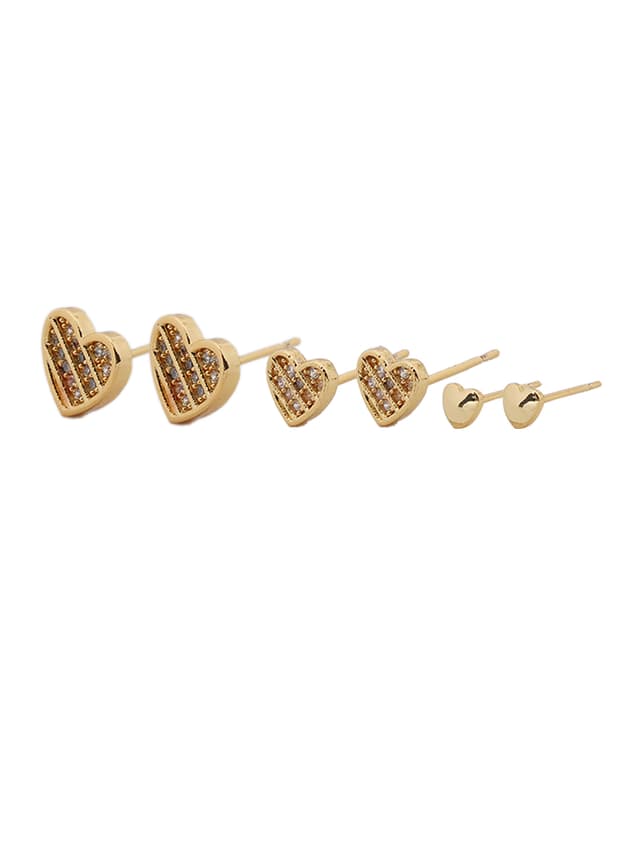 Gold Heart Stud Earring Trio-thumb-1