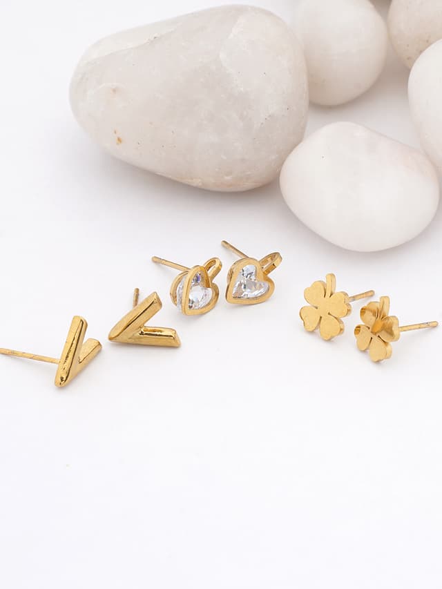 Gold Stud Earring Trio Set-thumb-0