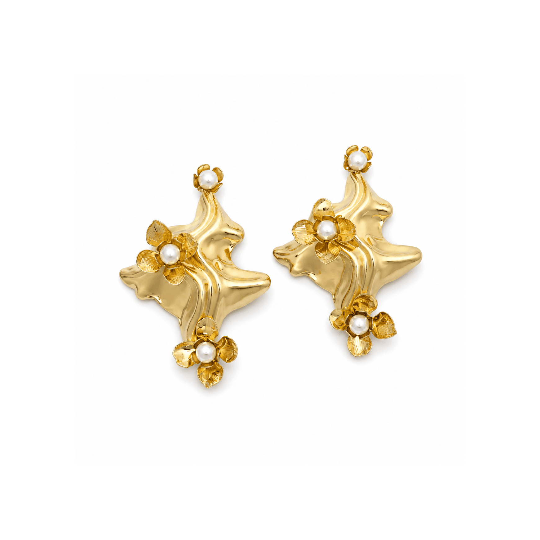 Gold Flower Pearl Drop Earrings