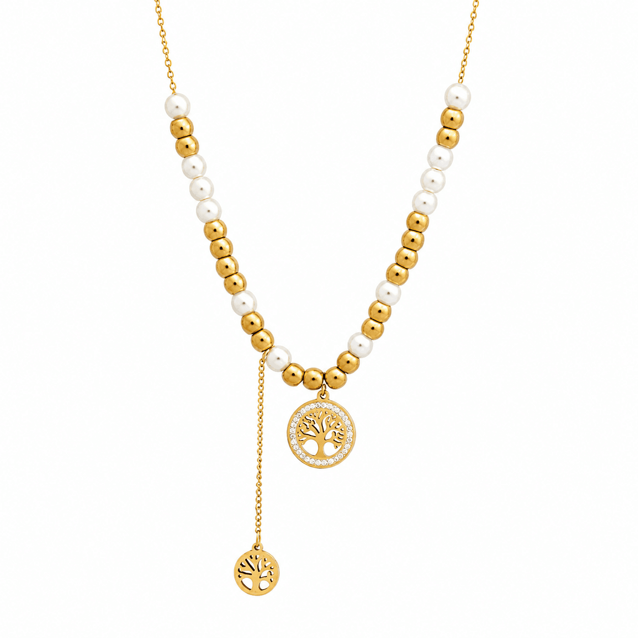 Double Golden Tree Charm Statement Necklace